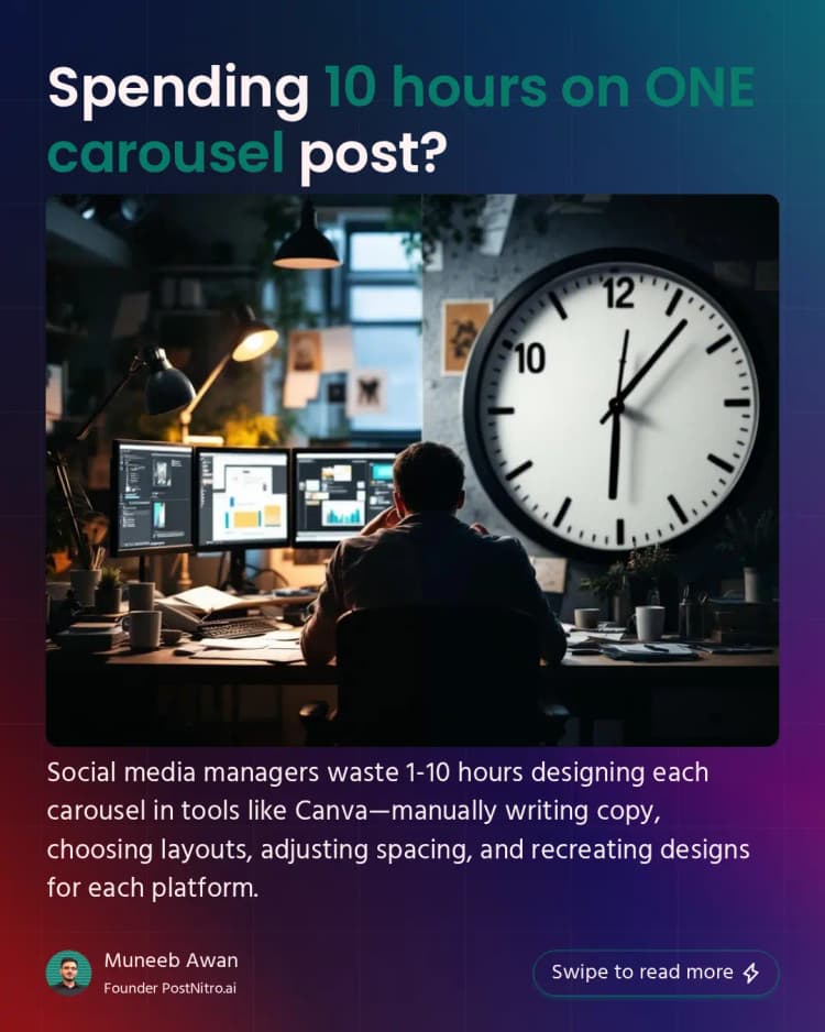 Social media carousel showing person working late at desk with large clock, highlighting time wasted on manual carousel design