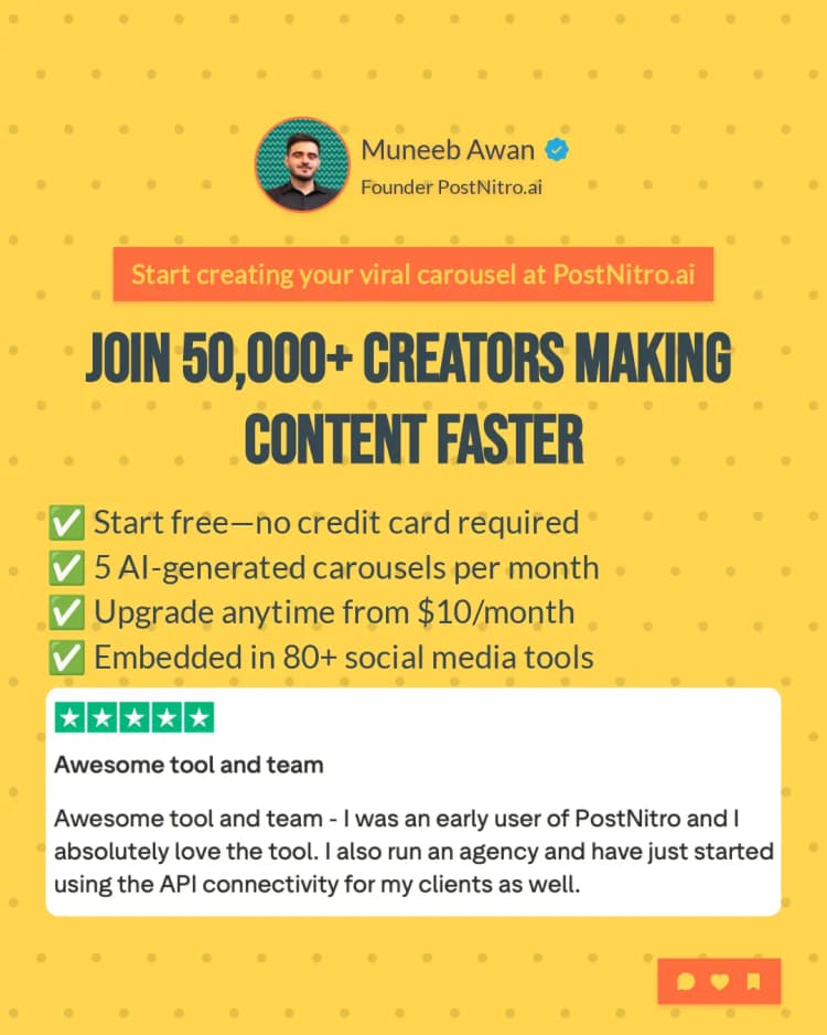 PostNitro call-to-action slide with founder testimonial, pricing details, and 5-star review on yellow background